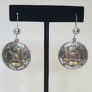 Exotic .925 Handcrafted Nepalese Turquoise Coral Dangle Earrings Boho Vintage